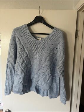 Soft Cable Knit V-Neck Sweater in Light Blue